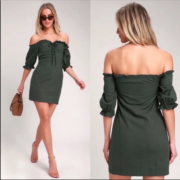 Lulus Dark Forest Green Off Shoulder Lace-up Dress - Picture 1 of 14
